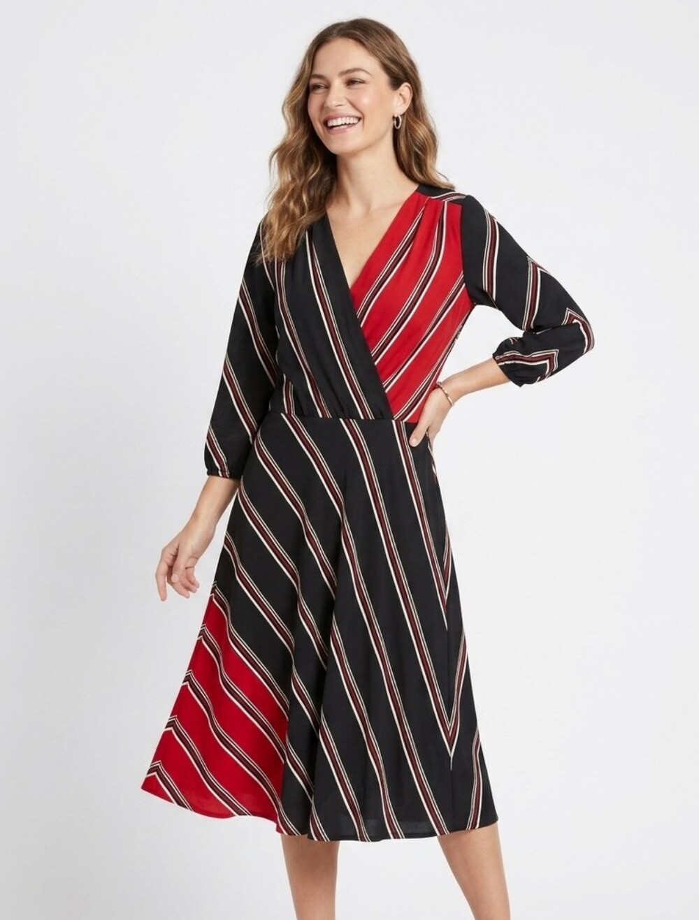 White Hpuse Blqck Marker Black and Red Striped Silk Midi Dress